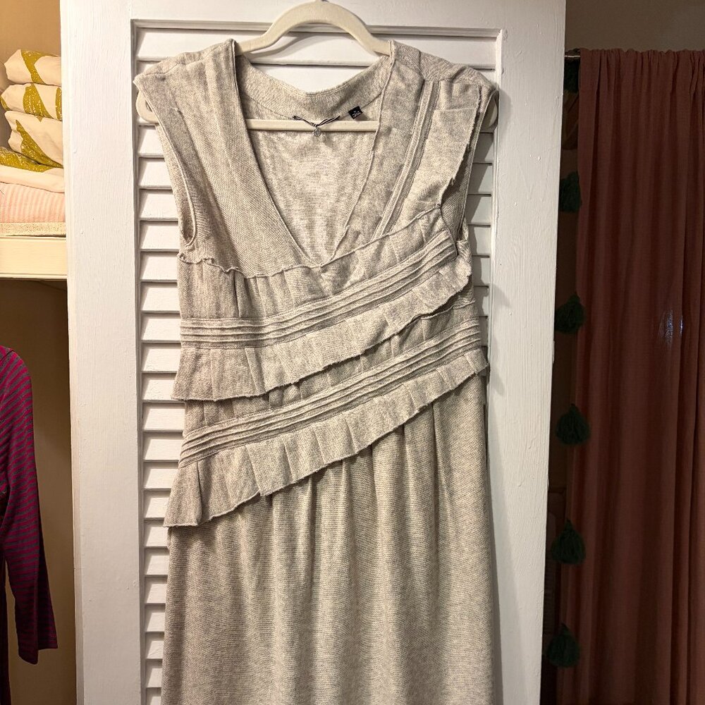 Knitted & Knotted Anthropologie Ruffle Sweater Dress • Size M • Soft Cream